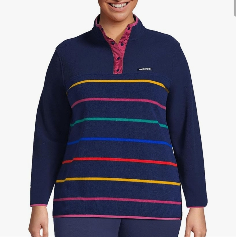 Lands' End Navy Fleece Pullover with Multicolor Stripes L